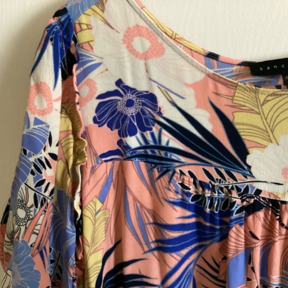 New— Sanctuary Tropical Floral Puffed-sleeve Blouse - Pink, Blue, Cream - Picture 4 of 5